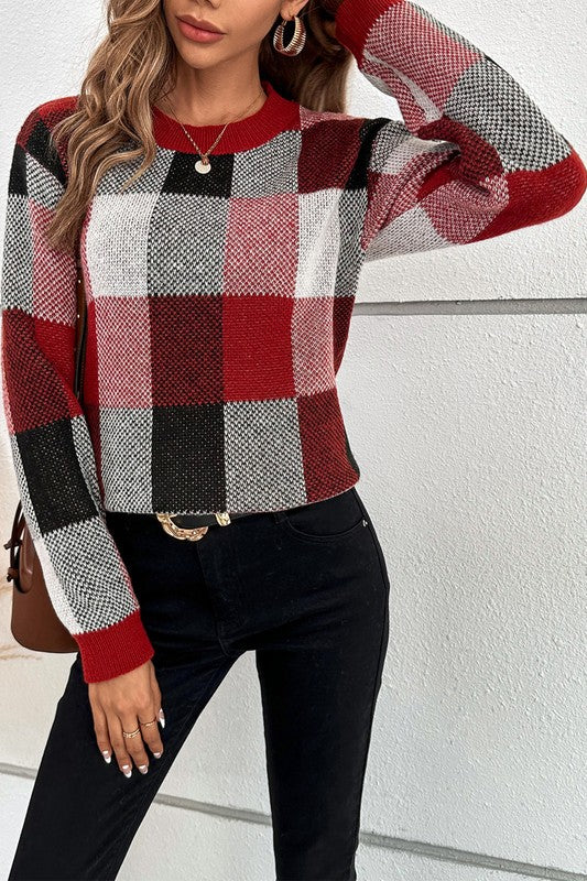 Women’s Plaid Print Round Neck Knit Loose Fit Sweater | Zarnesh
