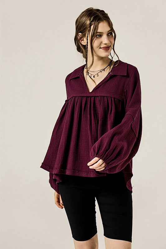Women’s Plus V-Neck Cotton Bubble Sleeve Gauze Top | Zarnesh