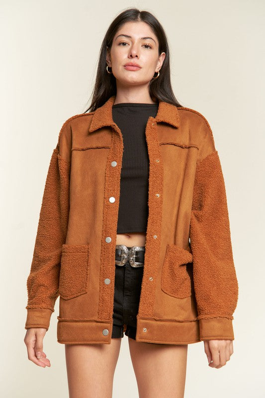 Women’s Plus Suede Button Down Sherpa Lined Jacket | Zarnesh