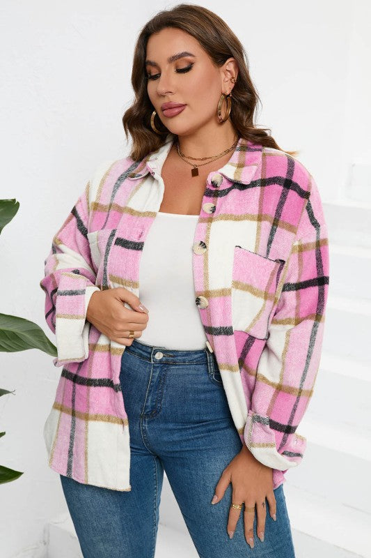 Women’s Plus Checkered Plaid Button-Up Pocketed Shacket | Zarnesh