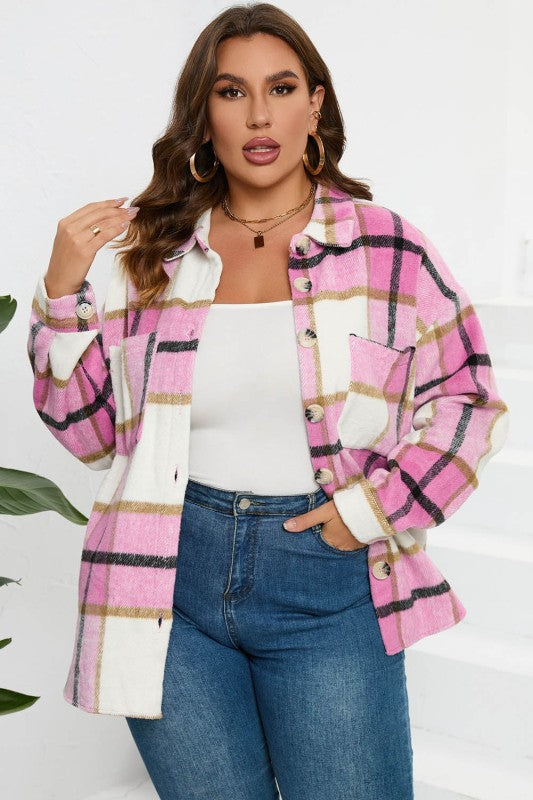 Women’s Plus Checkered Plaid Button-Up Pocketed Shacket | Zarnesh