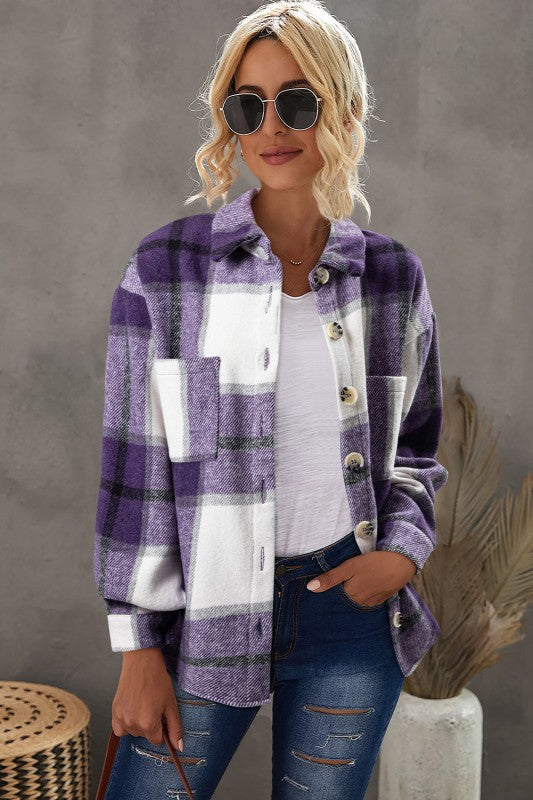 Women’s Plus Checkered Plaid Button-Up Pocketed Shacket | Zarnesh
