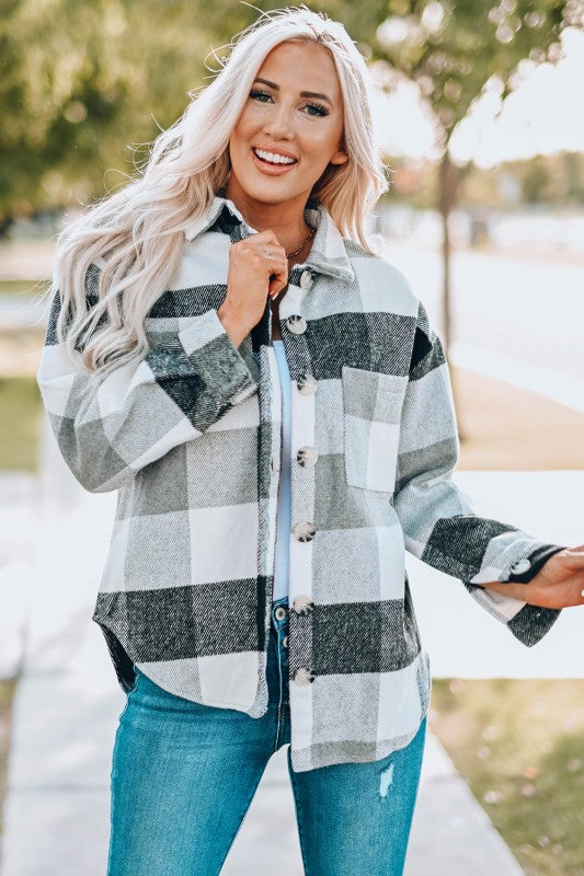 Women’s Plus Checkered Plaid Button-Up Pocketed Shacket | Zarnesh