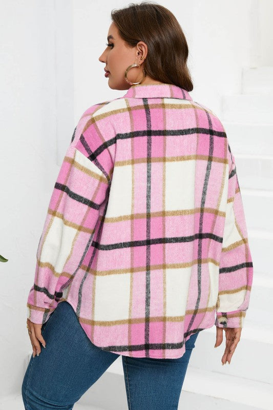 Women’s Plus Checkered Plaid Button-Up Pocketed Shacket | Zarnesh