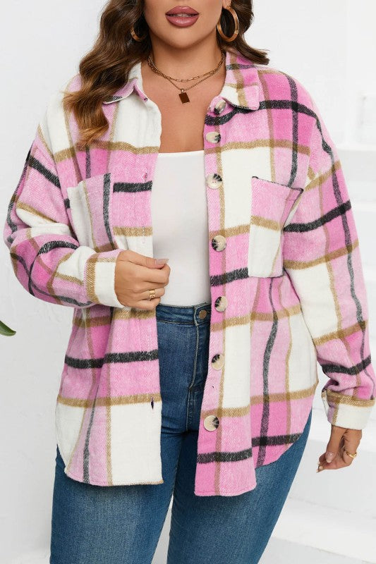 Women’s Plus Checkered Plaid Button-Up Pocketed Shacket | Zarnesh
