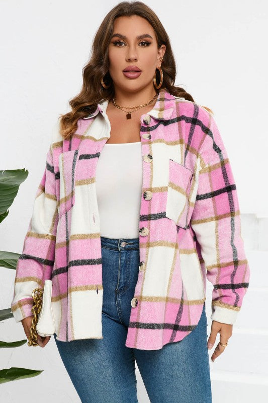Women’s Plus Checkered Plaid Button-Up Pocketed Shacket | Zarnesh