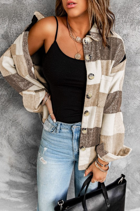 Women’s Plus Checkered Plaid Button-Up Pocketed Shacket | Zarnesh