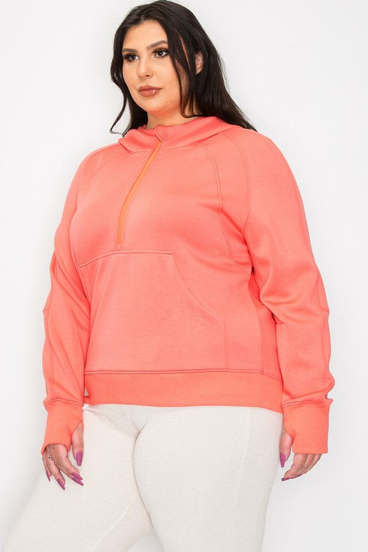 Women’s Plus Half-Zip Thumb Holes Pocket Hoodie | Zarnesh