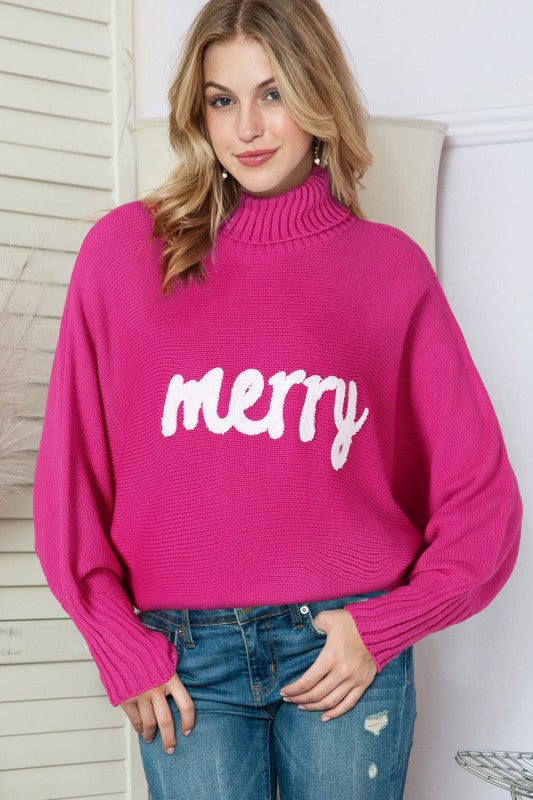 Women’s Plus Embroidered Merry Christmas Puff Sleeve Sweater | Zarnesh