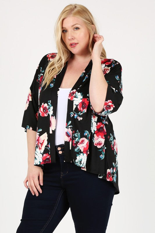 Women's Plus Floral Short Sleeve Open Front Cardigan | Zarnesh