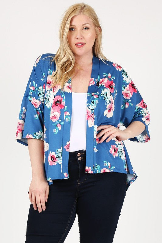 Women's Plus Floral Short Sleeve Open Front Cardigan | Zarnesh
