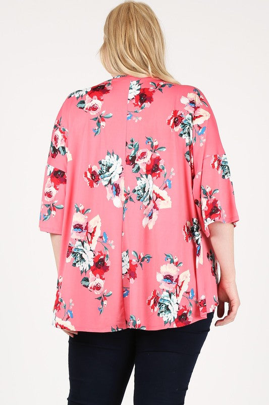 Women's Plus Floral Short Sleeve Open Front Cardigan | Zarnesh
