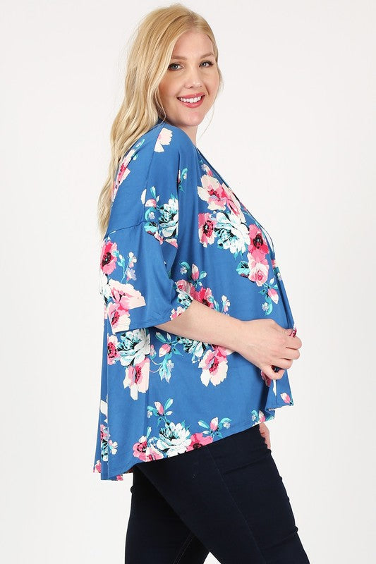 Women's Plus Floral Short Sleeve Open Front Cardigan | Zarnesh