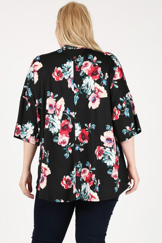 Women's Plus Floral Short Sleeve Open Front Cardigan | Zarnesh