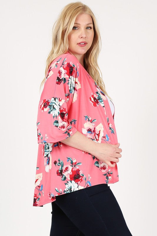 Women's Plus Floral Short Sleeve Open Front Cardigan | Zarnesh
