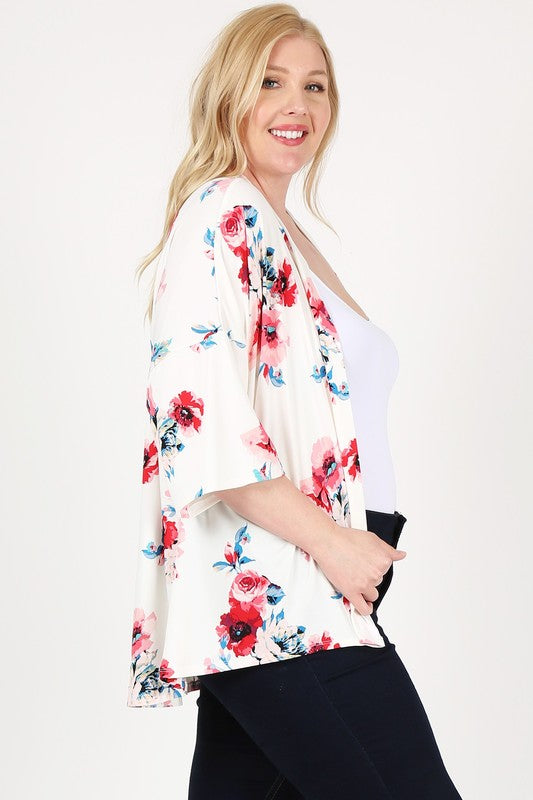 Women's Plus Floral Short Sleeve Open Front Cardigan | Zarnesh