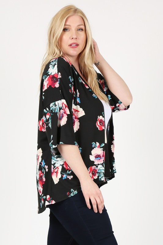 Women's Plus Floral Short Sleeve Open Front Cardigan | Zarnesh