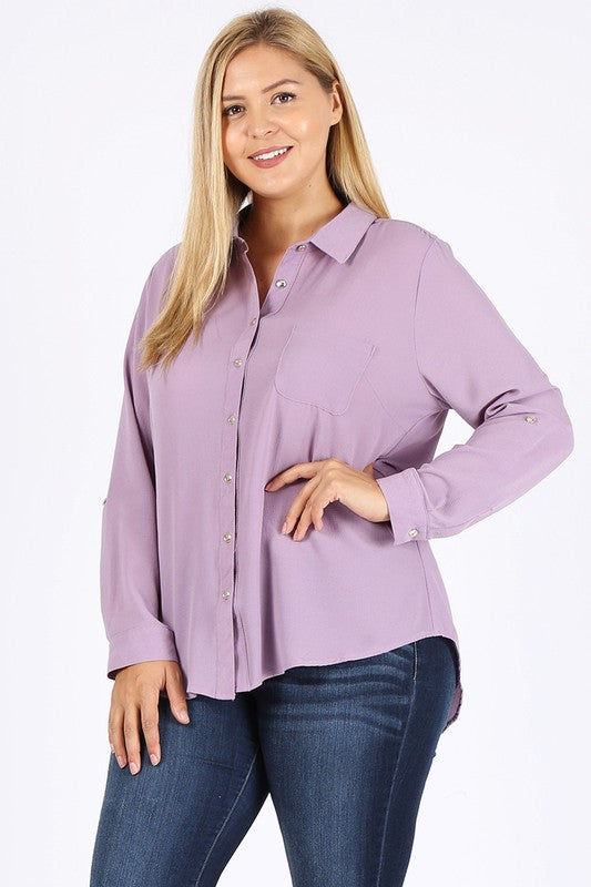 Women's Plus Koshibo Chest Pocket Roll Up Sleeve Top | Zarnesh