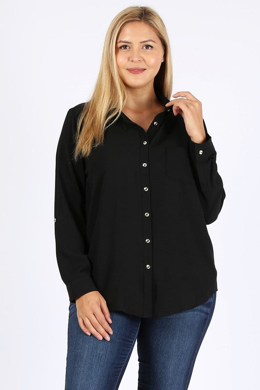 Women's Plus Koshibo Chest Pocket Roll Up Sleeve Top | Zarnesh