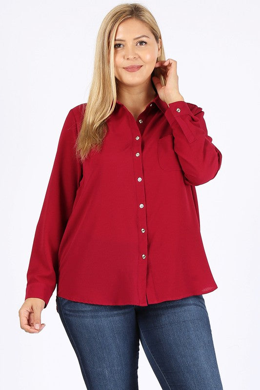 Women's Plus Koshibo Chest Pocket Roll Up Sleeve Top | Zarnesh