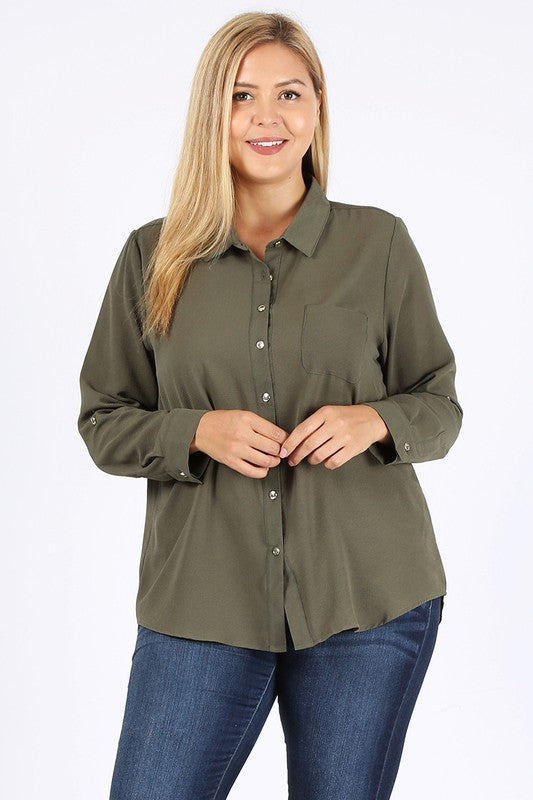 Women's Plus Koshibo Chest Pocket Roll Up Sleeve Top | Zarnesh