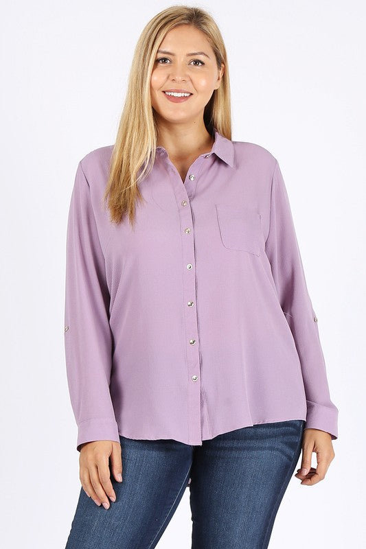 Women's Plus Koshibo Chest Pocket Roll Up Sleeve Top | Zarnesh