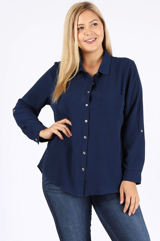 Women's Plus Koshibo Chest Pocket Roll Up Sleeve Top | Zarnesh