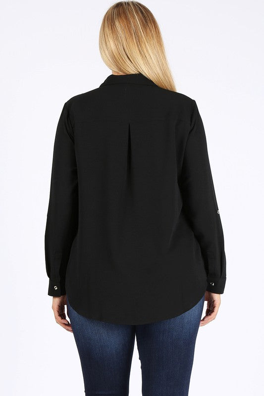 Women's Plus Koshibo Chest Pocket Roll Up Sleeve Top | Zarnesh