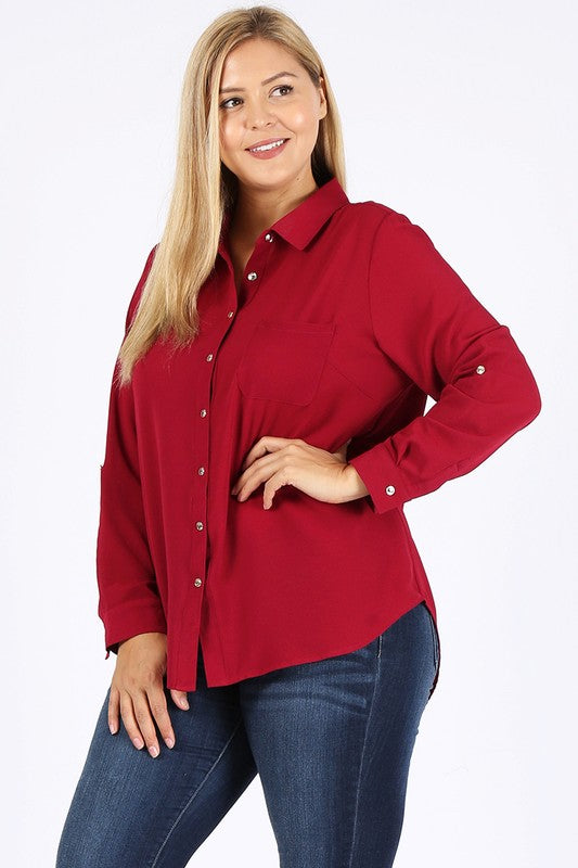 Women's Plus Koshibo Chest Pocket Roll Up Sleeve Top | Zarnesh