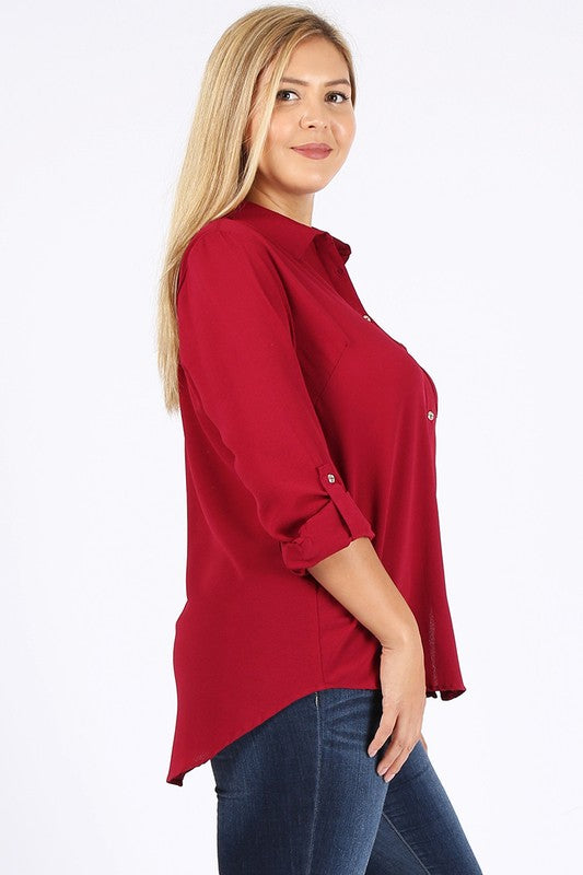 Women's Plus Koshibo Chest Pocket Roll Up Sleeve Top | Zarnesh