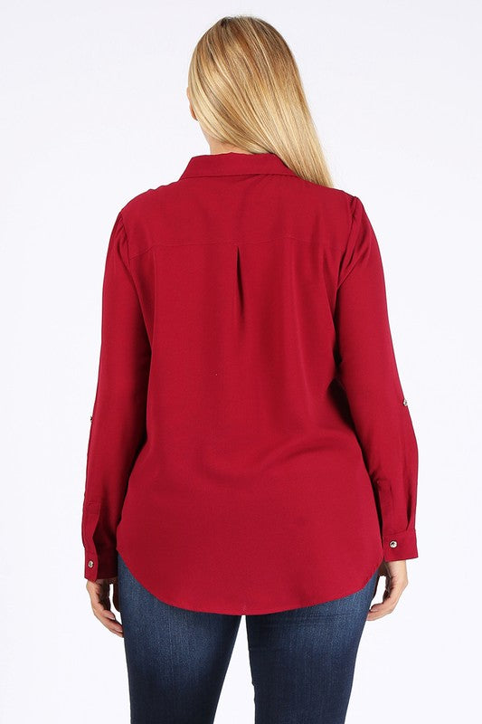 Women's Plus Koshibo Chest Pocket Roll Up Sleeve Top | Zarnesh