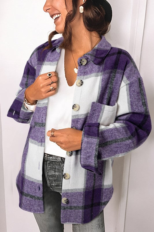Women’s Plus Checkered Plaid Button-Up Pocketed Shacket | Zarnesh