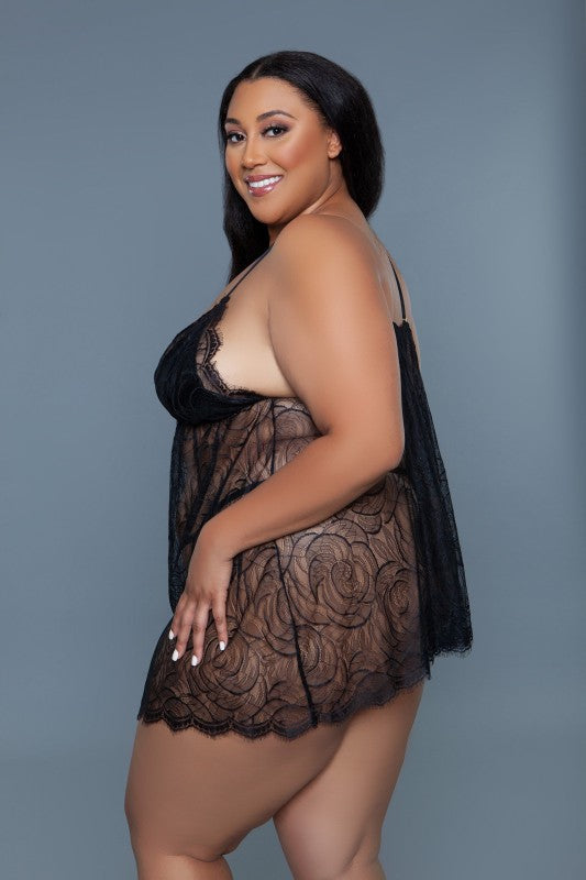 Women’s Plus Sheer Lace Floral Babydoll Lingerie Set | Zarnesh