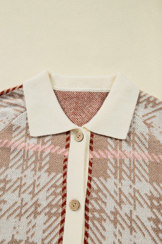 Women’s Plus Size Button Front Plaid Ribbed Trim Cardigan | Zarnesh