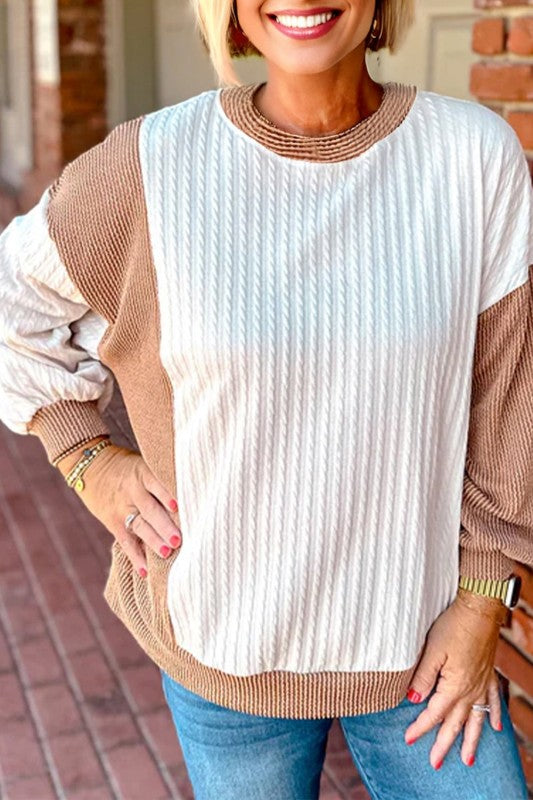 Women’s Plus Size Casual Colorblock Cable Textured Top | Zarnesh