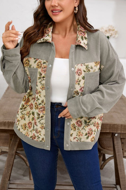 Women’s Plus Size Floral Corduroy Patchwork Shacket Jacket | Zarnesh