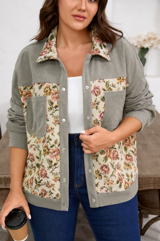 Women’s Plus Size Floral Corduroy Patchwork Shacket Jacket | Zarnesh