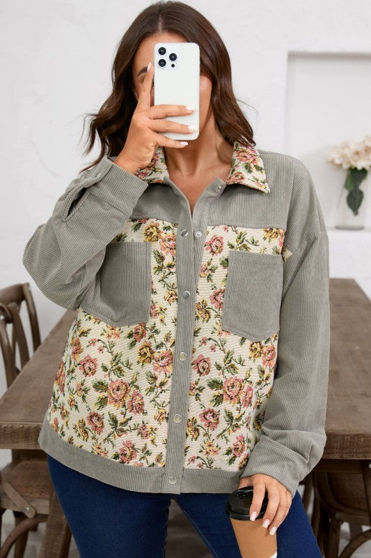 Women’s Plus Size Floral Corduroy Patchwork Shacket Jacket | Zarnesh