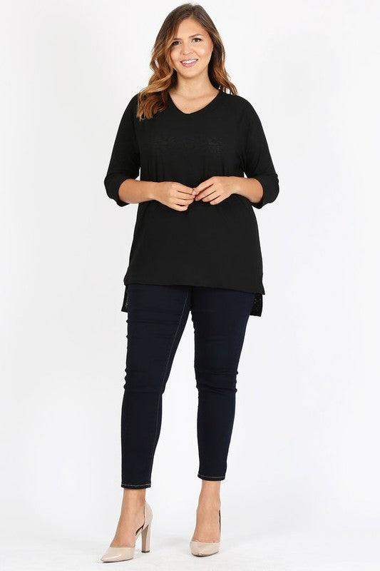Women's Plus Size Knit V Neck Hi Low Pullover Top | Zarnesh