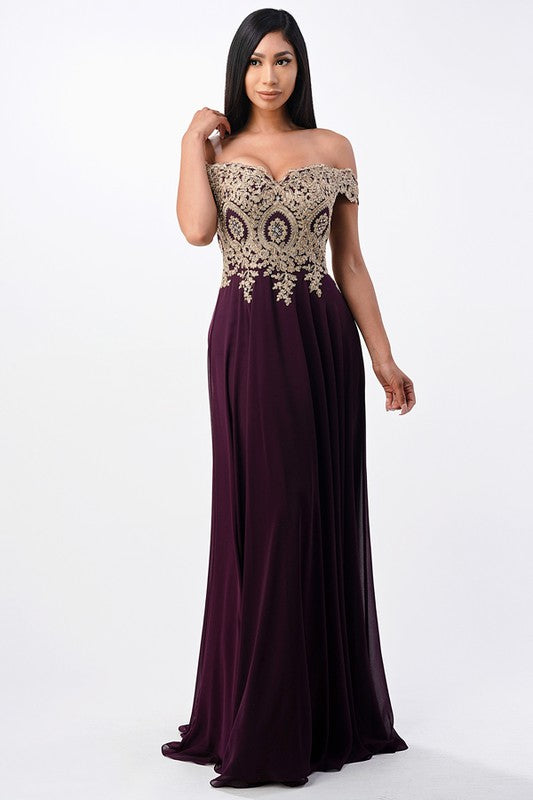 Women Plus Size Full Length Off Shoulder Chiffon Gown with Gold Lace Zarnesh