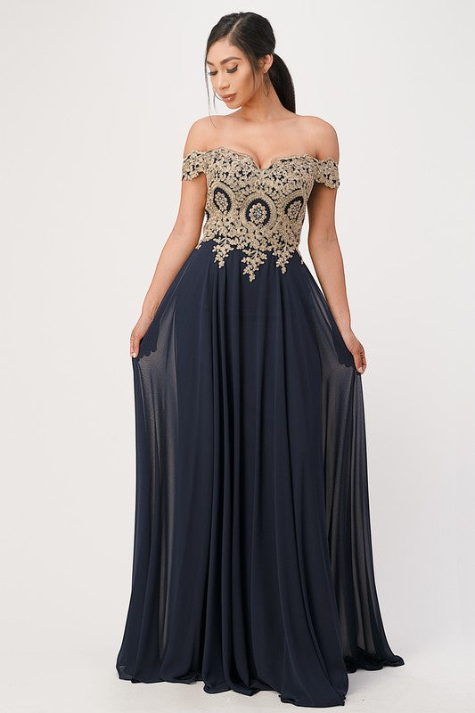 Women Plus Size Full Length Off Shoulder Chiffon Gown with Gold Lace Zarnesh