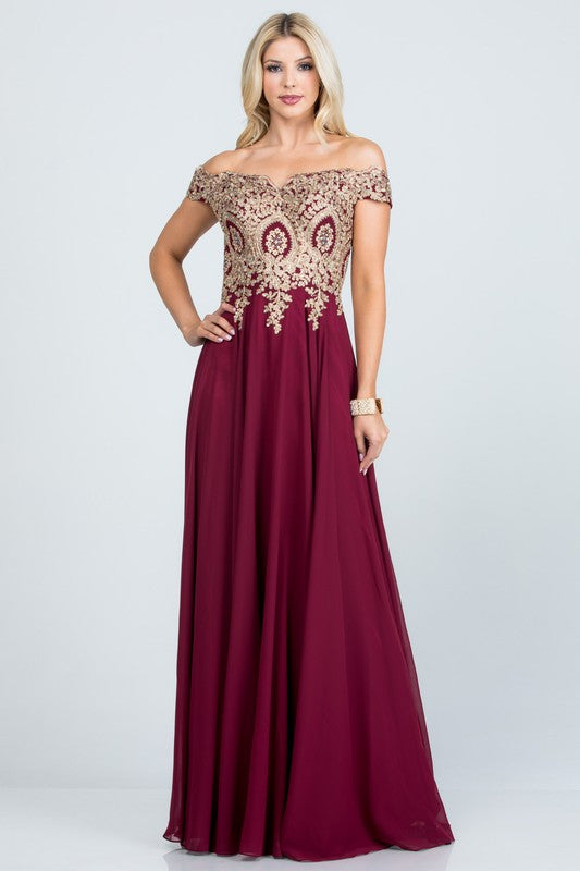 Women Plus Size Full Length Off Shoulder Chiffon Gown with Gold Lace Zarnesh