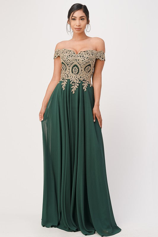 Women Plus Size Full Length Off Shoulder Chiffon Gown with Gold Lace Zarnesh