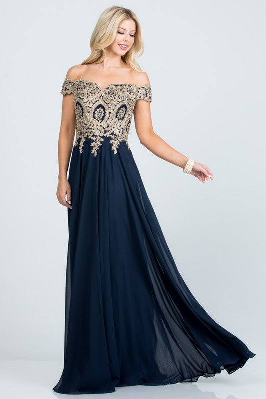 Women Plus Size Full Length Off Shoulder Chiffon Gown with Gold Lace Zarnesh