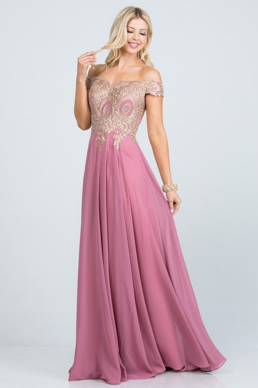 Women Plus Size Full Length Off Shoulder Chiffon Gown with Gold Lace Zarnesh