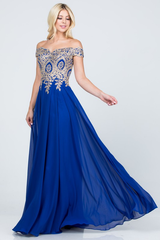 Women Plus Size Full Length Off Shoulder Chiffon Gown with Gold Lace Zarnesh