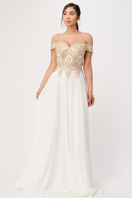 Women Plus Size Full Length Off Shoulder Chiffon Gown with Gold Lace Zarnesh
