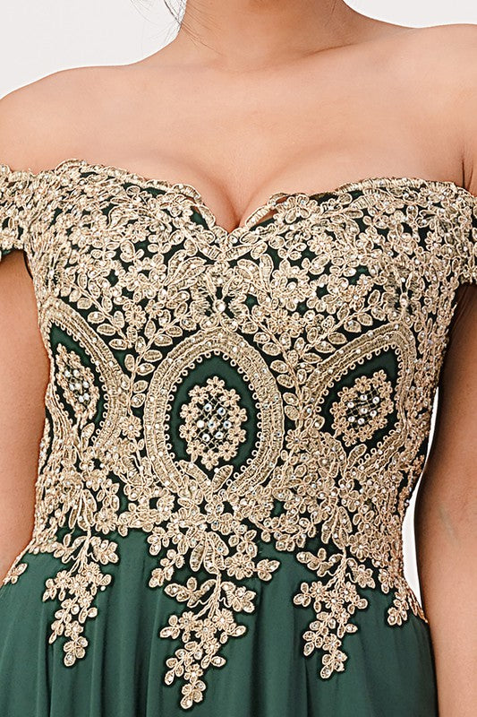 Women Plus Size Full Length Off Shoulder Chiffon Gown with Gold Lace Zarnesh