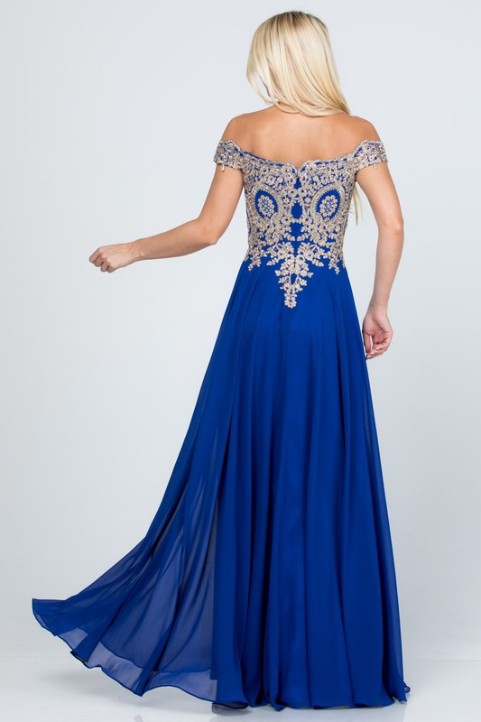 Women Plus Size Full Length Off Shoulder Chiffon Gown with Gold Lace Zarnesh