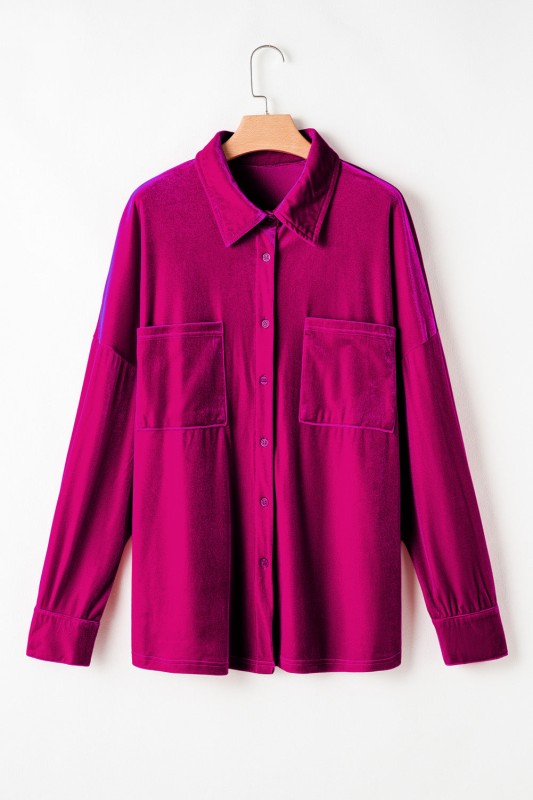 Women’s Plus Size Velvet Shirt Pocketed Fuchsia Button-Up Top | Zarnesh